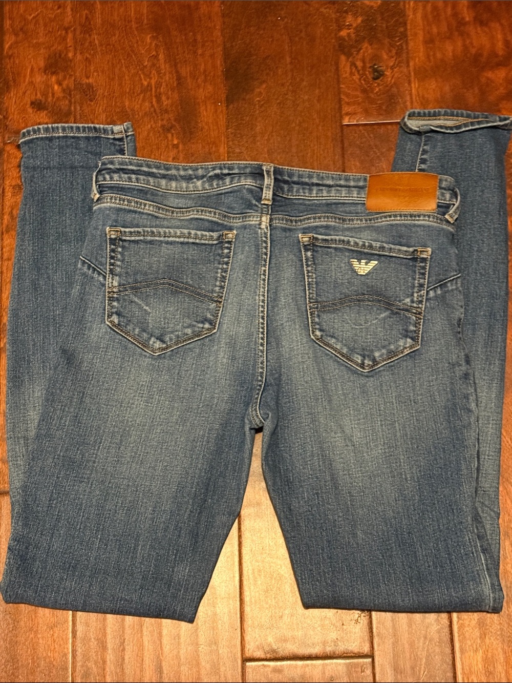 Emporio Armani Women's Medium Blue Skinny Jeans with Logo Patch